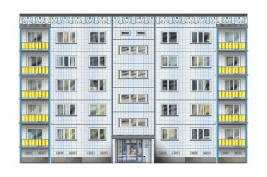 Büyük, prefabrik beton levhalardan inşa edilmiş yüksek binalar. Eski tarz. Ön cephe. Beyaz arkaplanda izole edilmiş vektör çizimleri.