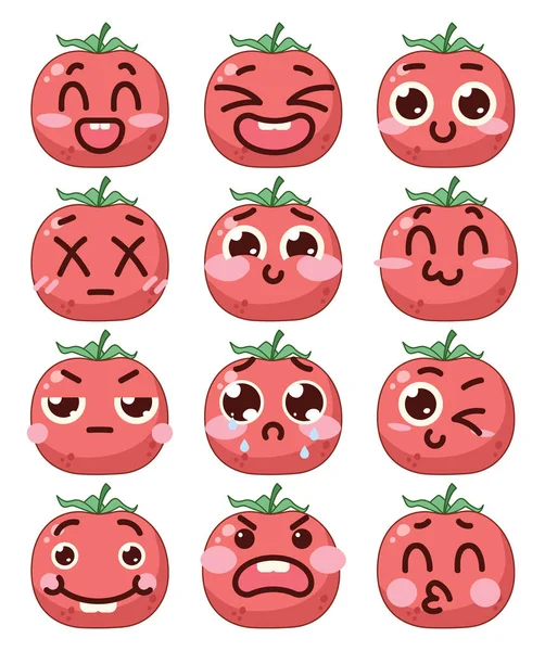 Tomater Emoji Söt Karaktär Med Olika Ansikten Tecknad Stil Vektor — Stock vektor