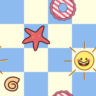 Yaz zamanı. Gün batımlı denizyıldızı. Bir dizi yaz sembolü. Geometrik dikişsiz desen.