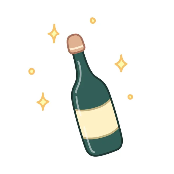 Bottiglia Champagne Con Stelle Stile Cartone Animato Illustrazione Vettoriale Isolata — Vettoriale Stock