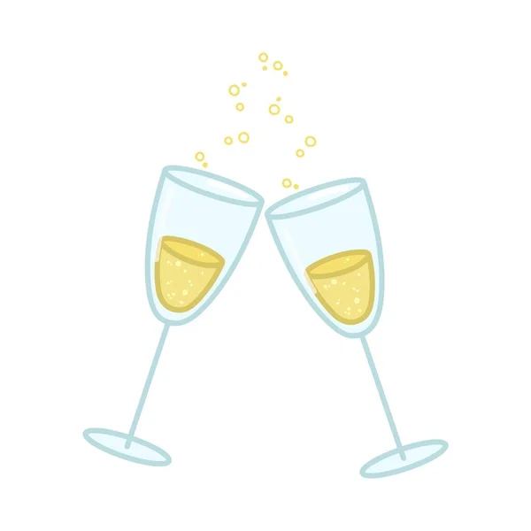 Two Glasses Sparkling Champagne Cartoon Style Vector Illustration Isolated White — Stock Vector