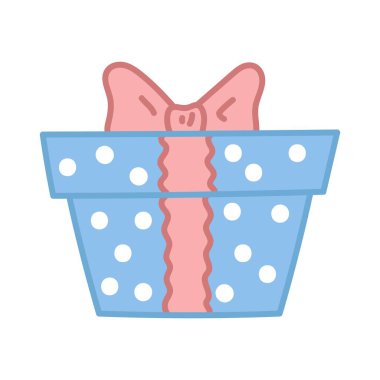 Kırmızı fiyonklu mavi hediye kutusu. Çizgi film tarzında el çizimi çizimi. Beyaz arkaplanda izole edilmiş vektör.