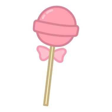 Fiyonklu pembe lolipop. Çizgi film tarzında el çizimi çizimi. Beyaz arkaplanda izole edilmiş vektör.