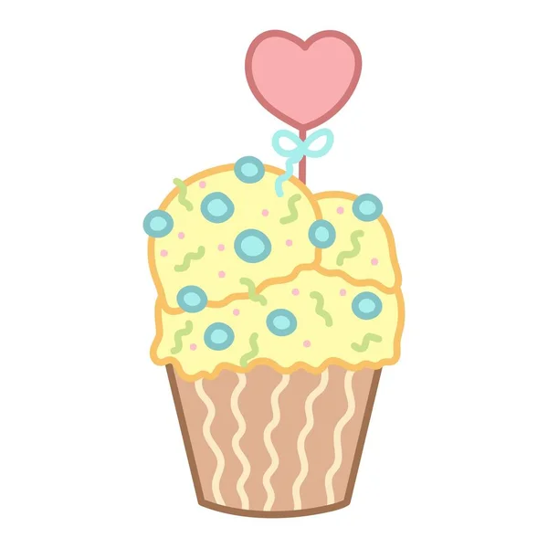 Cupcake Bonito Com Glacê Amarelo Estilo Cartoon Decoração Cardíaca Vetor — Vetor de Stock