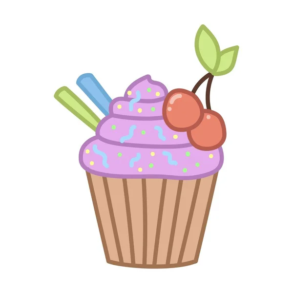 Cupcake Purple Icing Cherry Hand Drawn Illustration Cartoon Style Vector — Stock Vector