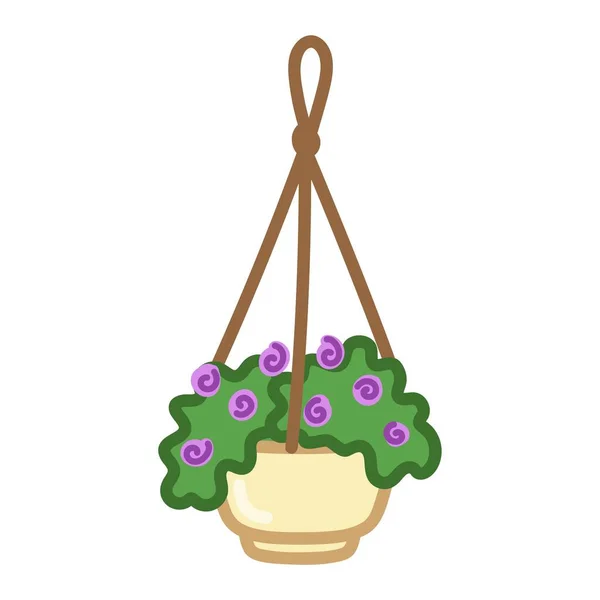 Hanging Plant Pot Purple Flowers Hand Drawn Illustration Cartoon Style — Stock vektor