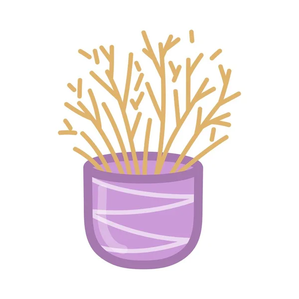 Purple Plant Pot Brown Branches Hand Drawn Illustration Cartoon Style — стоковый вектор