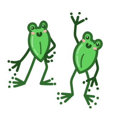 İki sevimli kurbağa. Çizgi film tarzında Kawaii çizimi. Beyaz arkaplana vektör el çizimi.