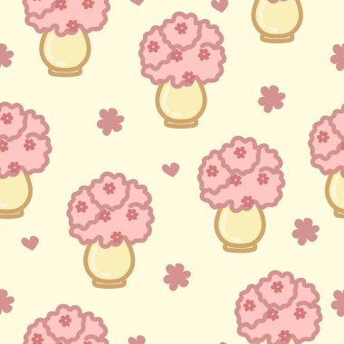 Bouquet of pink flowers in vase and petals. Cute hand-drawn illustration in cartoon flat style. Seamless pattern on yellow background.