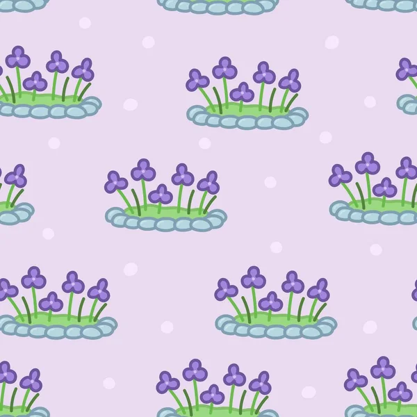 Flowerbed Purple Plants Decorative Stones Cute Hand Drawn Illustration Cartoon — Wektor stockowy