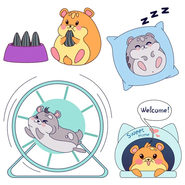 Cute Hamsters Kawaii Cartoon Set Vector Illustration Isolated White Background — Vector de stock