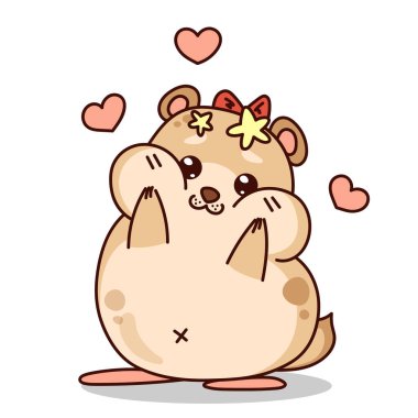Lovely hamster female with big cheeks. Kawaii character with hearts. Shy rodent. Vector illustration isolated on white