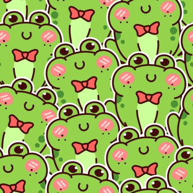 Cute green frog. Kawaii vector seamless pattern.
