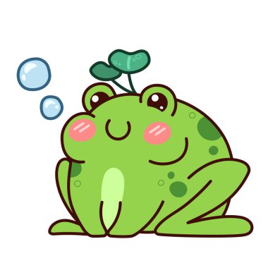 Kawaii frog with water lily leaves on head. Water bubbles. Cute character vector isolated on white background
