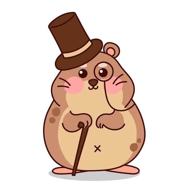 Male Hamster Extra Tall Top Hat Cane Cute Animal Character — Stock Vector