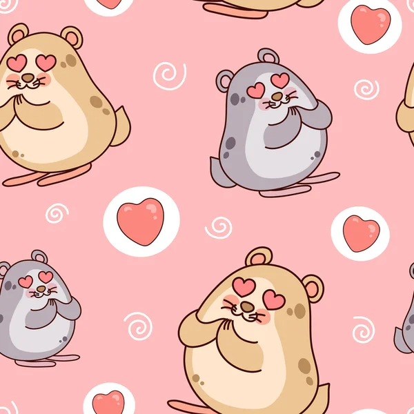 Kawaii Hamster Hearts Eyes Lovely Mouse Seamless Pattern Pink Background — 스톡 벡터