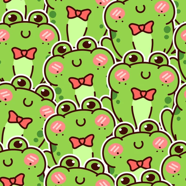 Cute Green Frog Kawaii Vector Seamless Pattern — 图库矢量图片