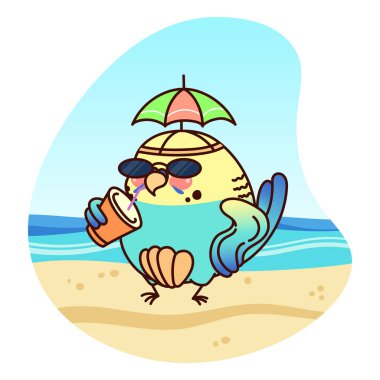 Parrot stands on the beach and drinks soda. Silly hat with umbrella. Vacation time. Kawaii character. Blue budgie. Funny sticker. Cute vector illustration isolated on white background.