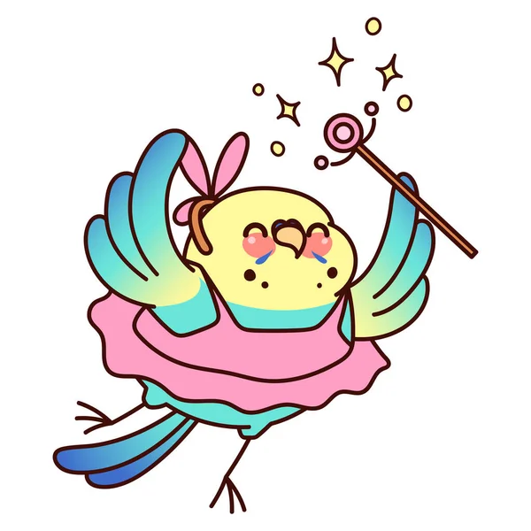 Joyful Parrot Form Fairy Magic Wand Cute Blue Budgie Kawaii —  Vetores de Stock