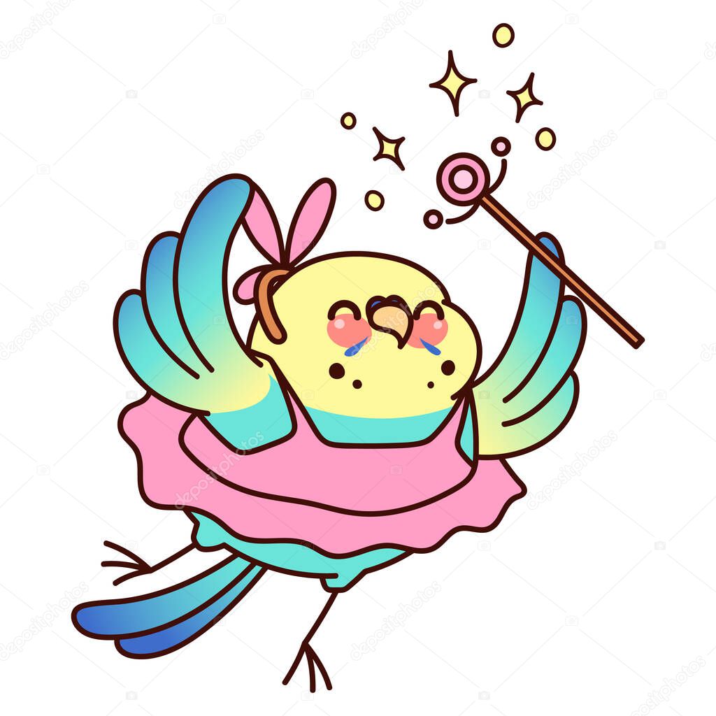 Joyful parrot in the form of a fairy with a magic wand. Cute blue budgie. Kawaii vector sticker isolated on a white background.