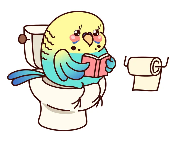 Parrot Sits Toilet Bowl Reads Book Kawaii Character Blue Budgie - Stok Vektor