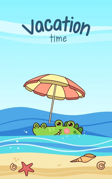 Cute Alligator Swims Sea Umbrella Vacation Time Summer Postcard Kawaii — Stock vektor