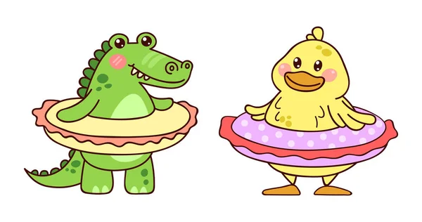 Kawaii Duck Crocodile Cute Animals Inflatable Circle Set Vector Illustrations - Stok Vektor