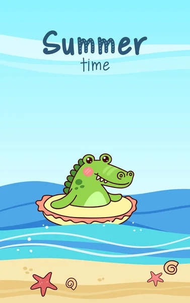 Cute Crocodile Swims Inflatable Circle Summer Time Vacation Sea Vertical — Stock vektor