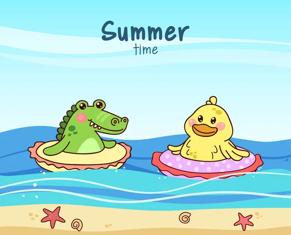 Summer Time Cute Duck Crocodile Kawaii Animals Swimming Rubber Ring — Stock vektor
