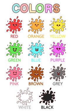 Cute colored blots with smiling faces. Color names for kids learning. Big vector set of colors