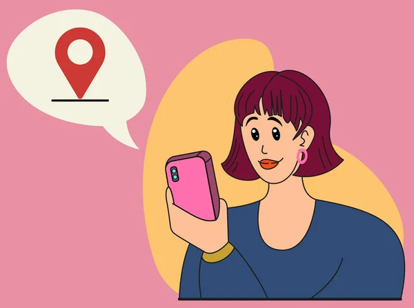 Woman Looks Phone Girl Checks Geolocation Phone Vector Illustration — Stok Vektör