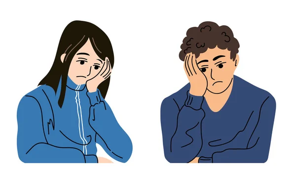 Guy Girl Sit Heads Propped Hands Sad People Set Vector — Wektor stockowy