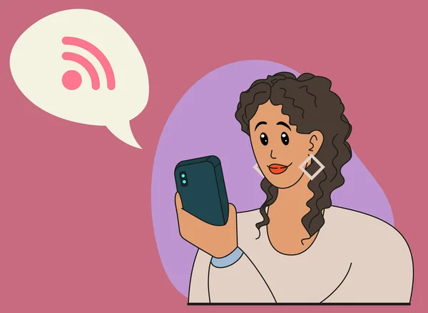 Woman Looks Phone Girl Connected Phone Vector Illustration — Stok Vektör