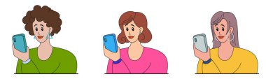 Women look at their phones. Set of vector illustrations