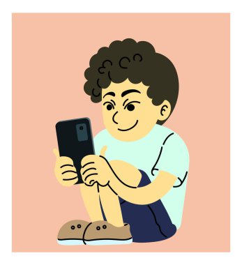 Child plays a game on the phone. Kid looks at the smartphone. Boy is using the device. Colorful vector illustration