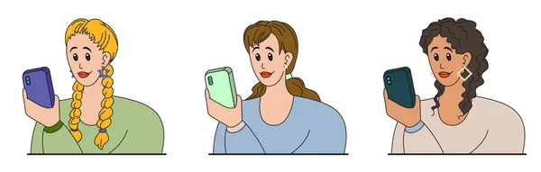 Girl Using Phone Set Vector Illustrations Isolated White Background — Stok Vektör