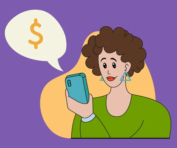 Woman Looks Phone Girl Checks Money Account Phone Vector Colorful — Stok Vektör