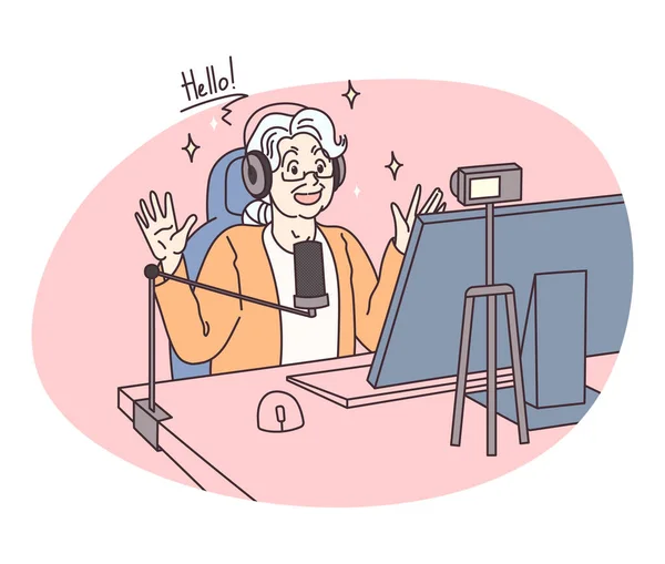 Grandma Streamer Elderly Woman Hosts Live Streaming Video Event Older — Vetor de Stock