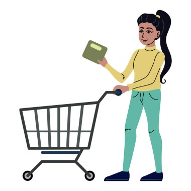 Woman with empty grocery cart. Vector illustration isolated on white background