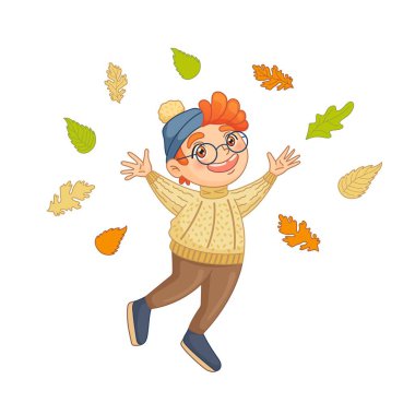 Funny boy in warm hat jumps in leaf fall. Colorful foliage around kid. Cozy autumn illustration in cartoon style. Vector art isolated on white background.