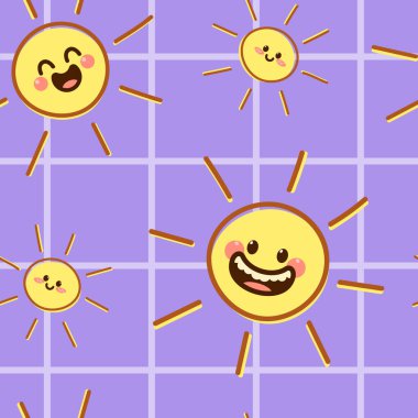 Smiling suns. Cute seamless pattern on a purple background