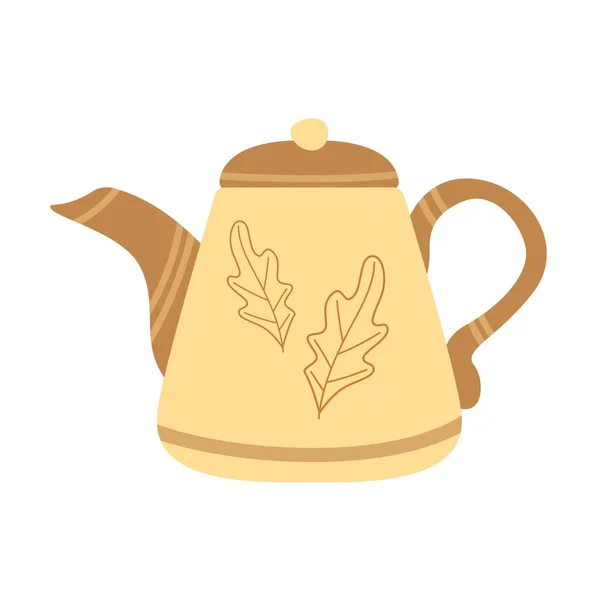 Tea Kettle Decorative Leaves Cozy Autumn Mood Colored Flat Vector — Stock vektor