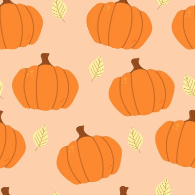 Şirin balkabakları ve yaprakları. Sarı yapraklar düz stil. Kusursuz desen. Vektör illüstrasyonu.