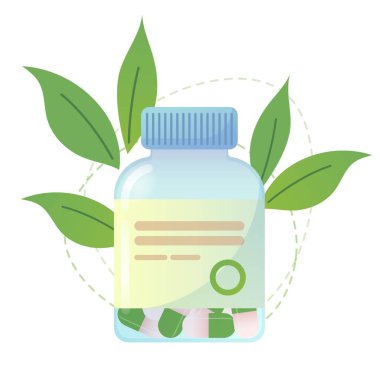 Şişede yeşil yapraklı Homeopatik haplar. Alternatif tıp. Bitkisel kapsüller. Vektör illüstrasyonu beyaz arkaplanda izole edildi.