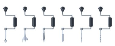 Tahta matkap uçları. Tahta için el matkabı. Alet takımı. Beyaz arkaplanda izole edilmiş vektör.