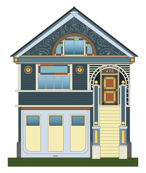 Maison Privée Deux Étages Avec Garage Vitraux Dans Les Fenêtres — Image vectorielle