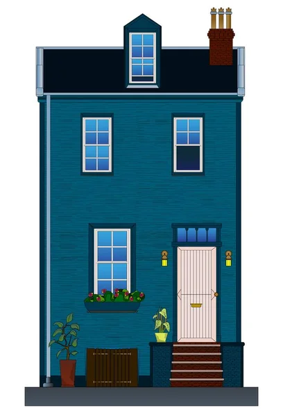 Maison Privée Étroite Bleu Façade Illustration Vectorielle Isolée Sur Fond — Image vectorielle