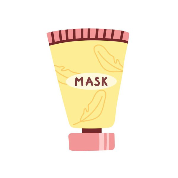 Косметическая пластиковая трубка желтого цвета. Милый ручной рисунок элемента дизайна. Векторная иллюстрация на белом фоне.
