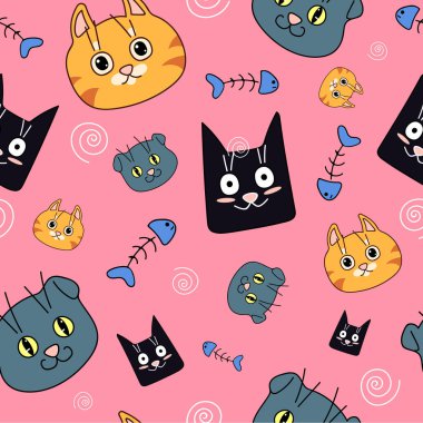 Komik kedilerde kusursuz desen. Çizgi film tarzı. Pembe arkaplanda bir vektör.