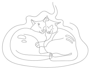 Sarılan iki sevimli kedi. Beyaz arka planda şirin bir vektör çizimi. El çizimi stili. Sanat çizgisi. Kedi silueti logosu.